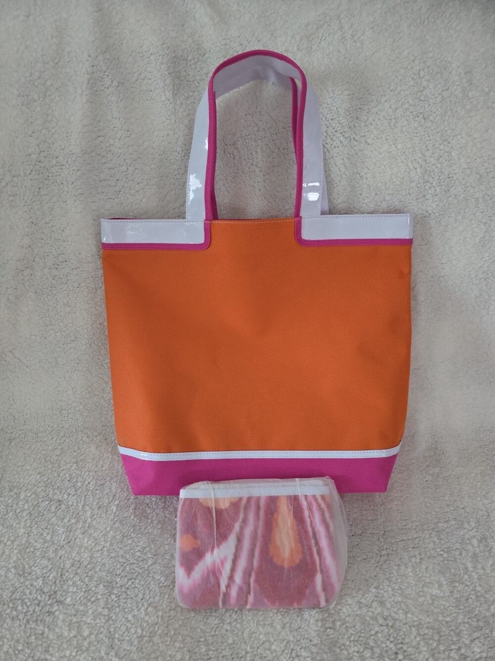 Estee Lauder Large Tote Bag with Matching Makeup pouch Pink Orange White NWOT
